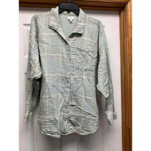 True Craft Gauze Button Down Shirt Womens Large Plaid Lightweight Boho